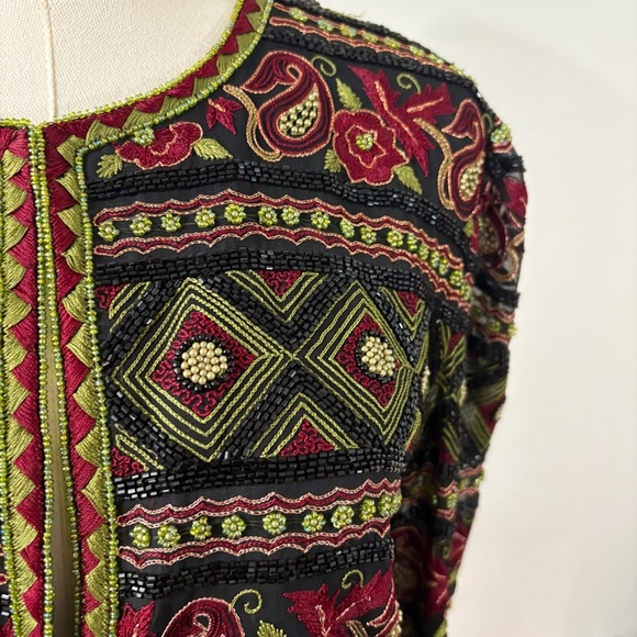 Vtg Beaded Embroidered Evening Formal Jacket Sz M / L Whimsigoth Black Red Green - Picture 4 of 14